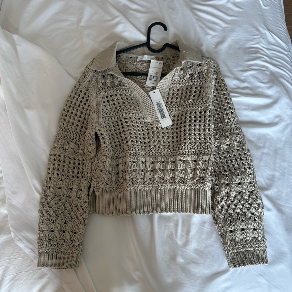 Jonathan Simkhai Open-Knit Polo Sweater in Taupe - Picture 2 of 4